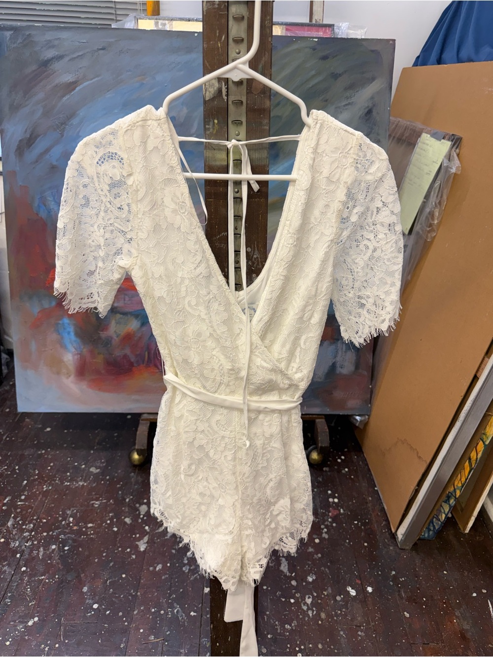 Blue Rain White Lace V-Neck Romper with Tie Waist